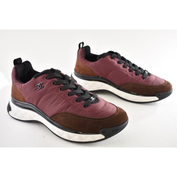 Chanel 21A Mens Burgundy Brown Black White CC Logo Low Top Trainer Sneaker 44 11 - Picture 3 of 9